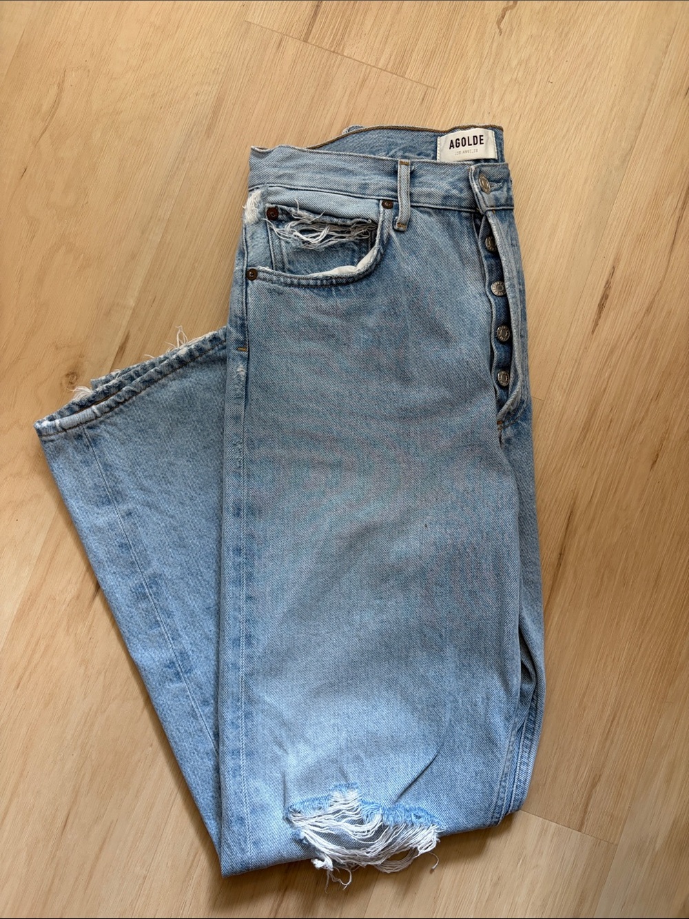 Agolde Light Blue Distressed Boyfriend Jeans with Button Fly